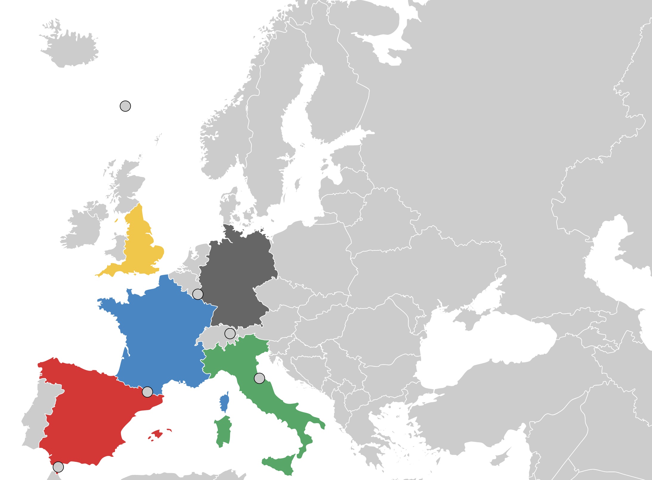 England (Premier League), Spain (La Liga), Italy (Serie A), Germany (Bundesliga) and France (Ligue 1)