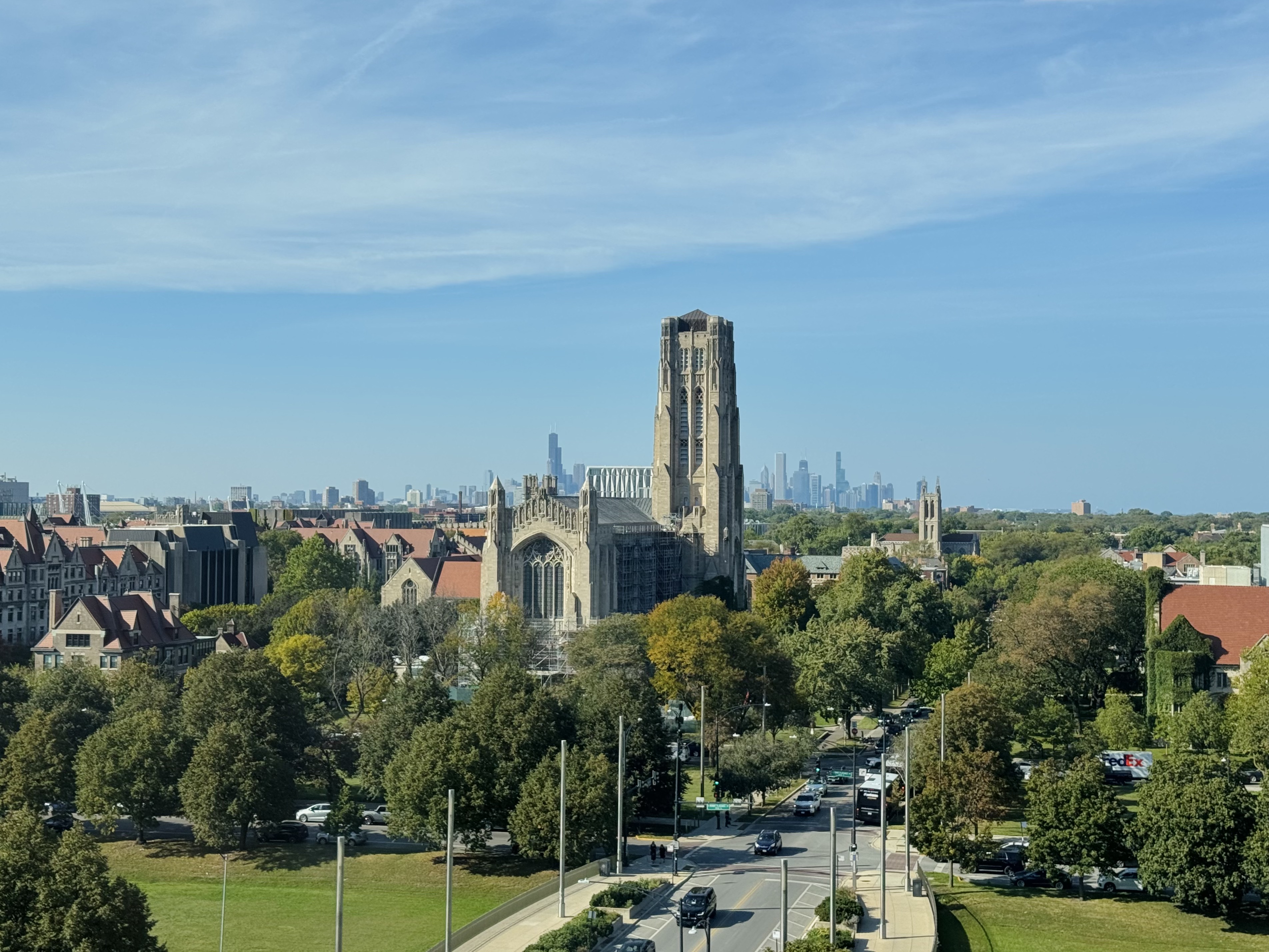 The Rockefella Chapel viewed from the 7th floor of the David Rubenstein Forum building.
