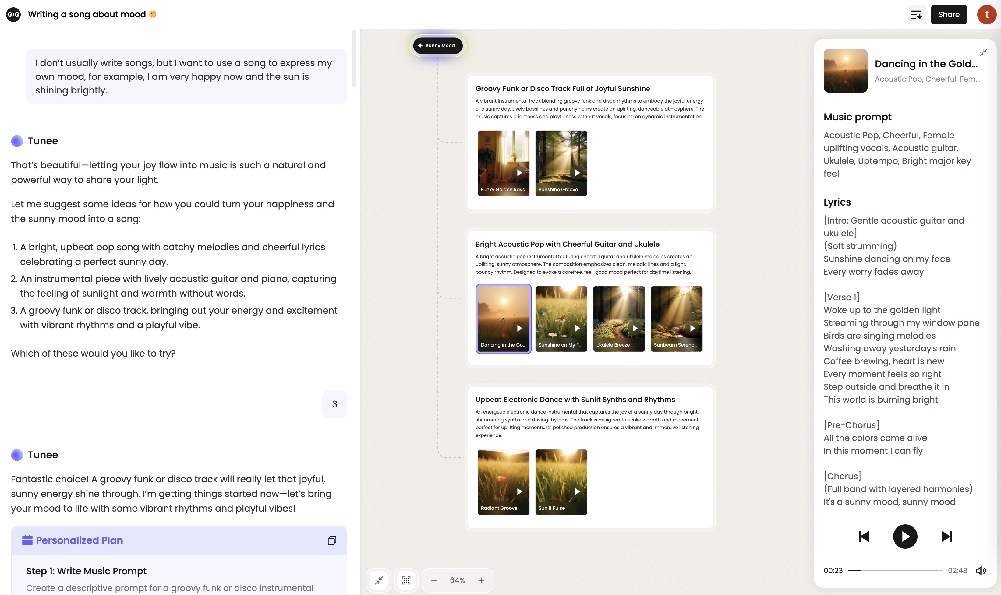 Tunee’s interface features a conversational input, a project diagram, and options to preview AI-generated music with lyrics. However, there’s no way to export stems or sheet music yet.