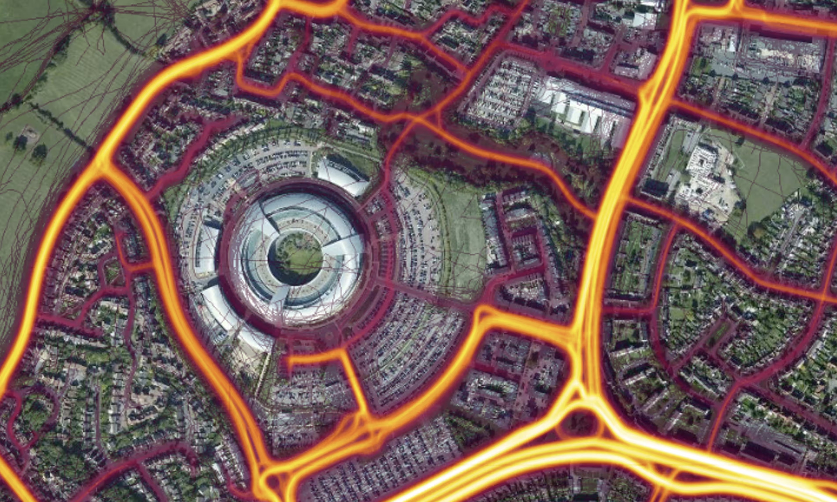 The headquarters of GCHQ in Cheltenham, England, are just one of the sensitive sites crisscrossed with GPS activity, suggesting that spies and intelligence analysts are recording and uploading their commutes or lunchtime runs. Photograph: Strava heatmap.