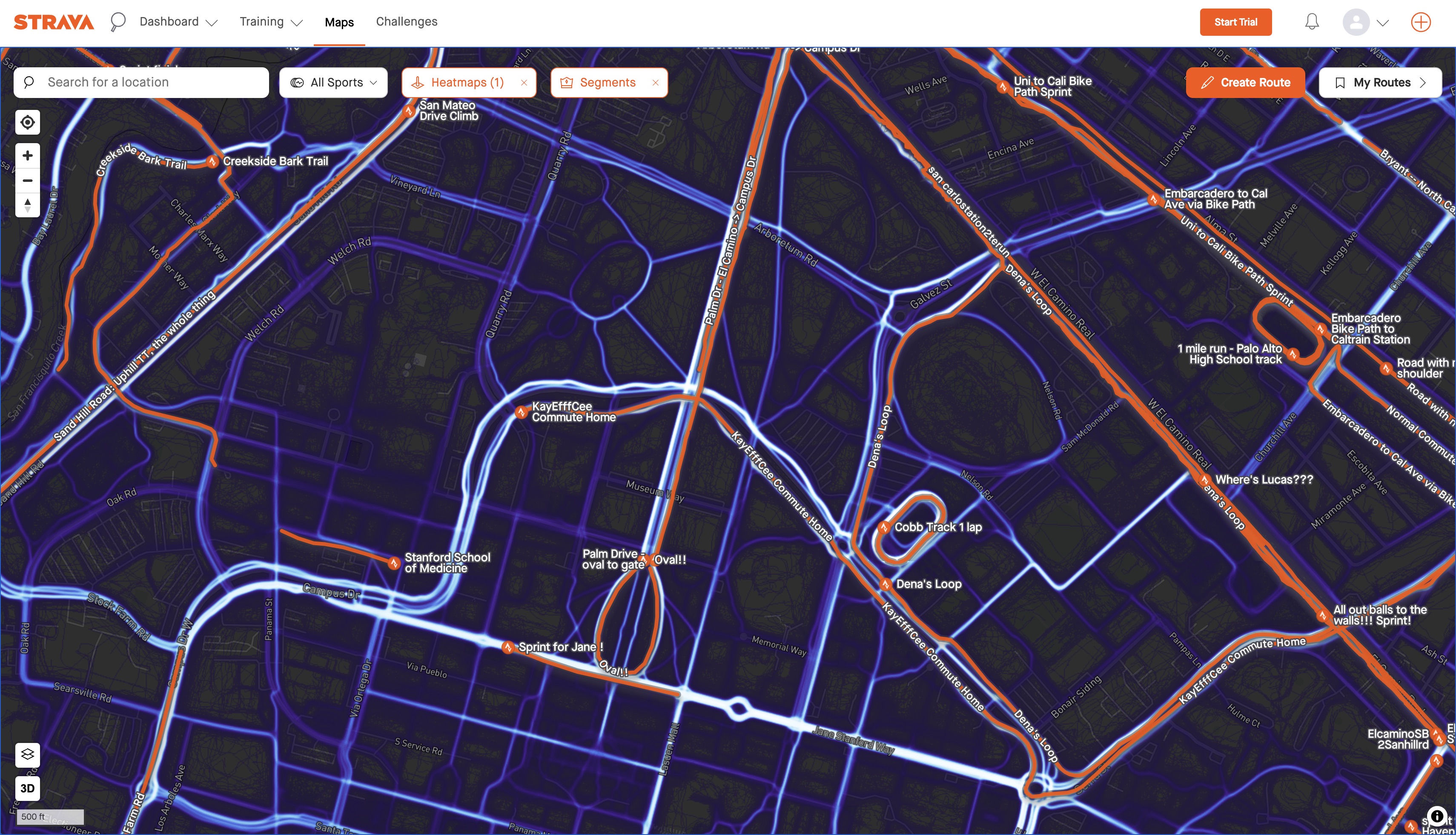 A Strava heatmap showcasing the dense and popular exercise routes around Stanford University, highlighting the app&rsquo;s vast and detailed data aggregation capabilities.