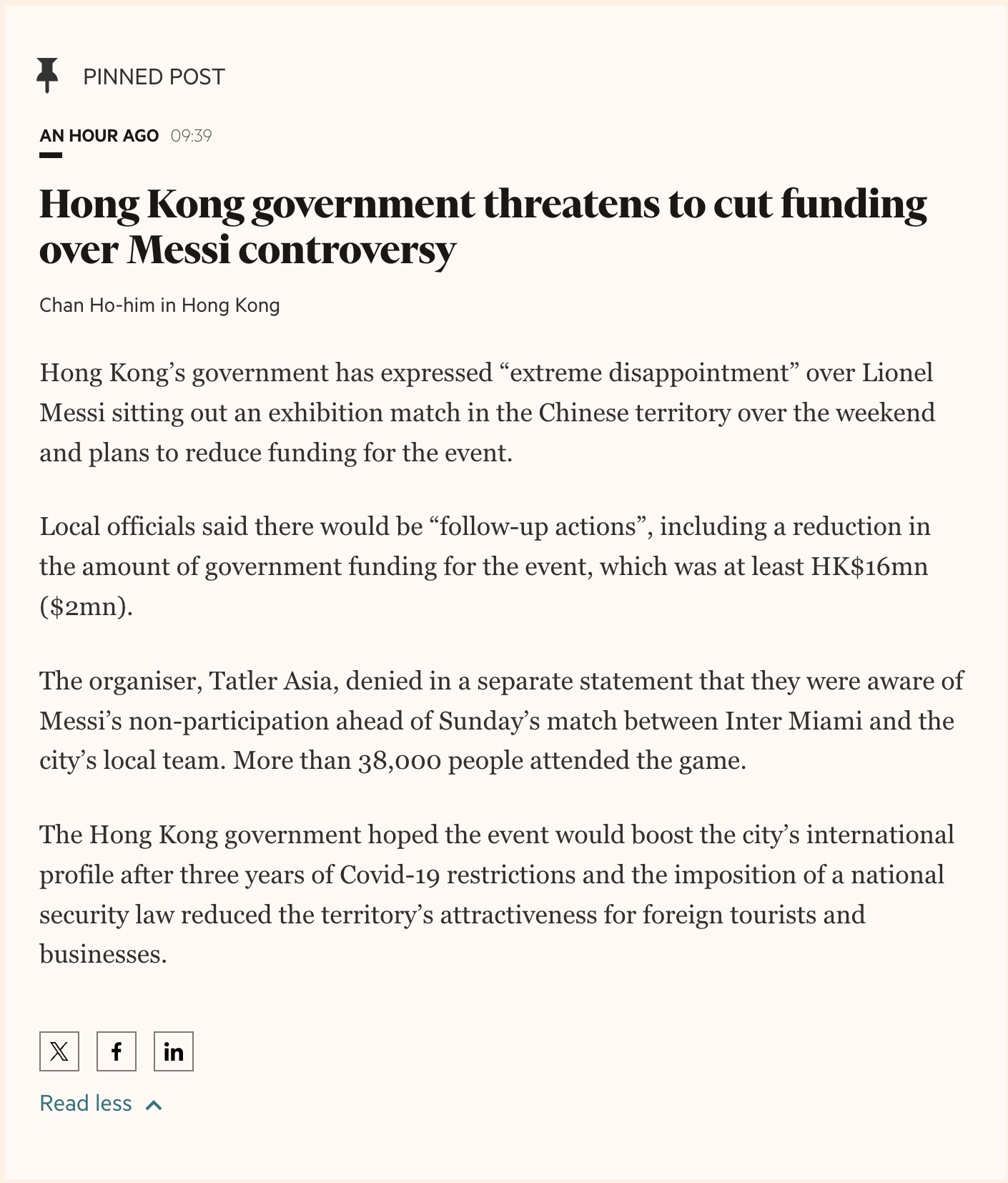 Financial Times posted. Leo Messi sat on the bench throughout the exhibition match. Fans were disappointed. Later fury aggregates and now even the HK gov. is pressing on this issue.