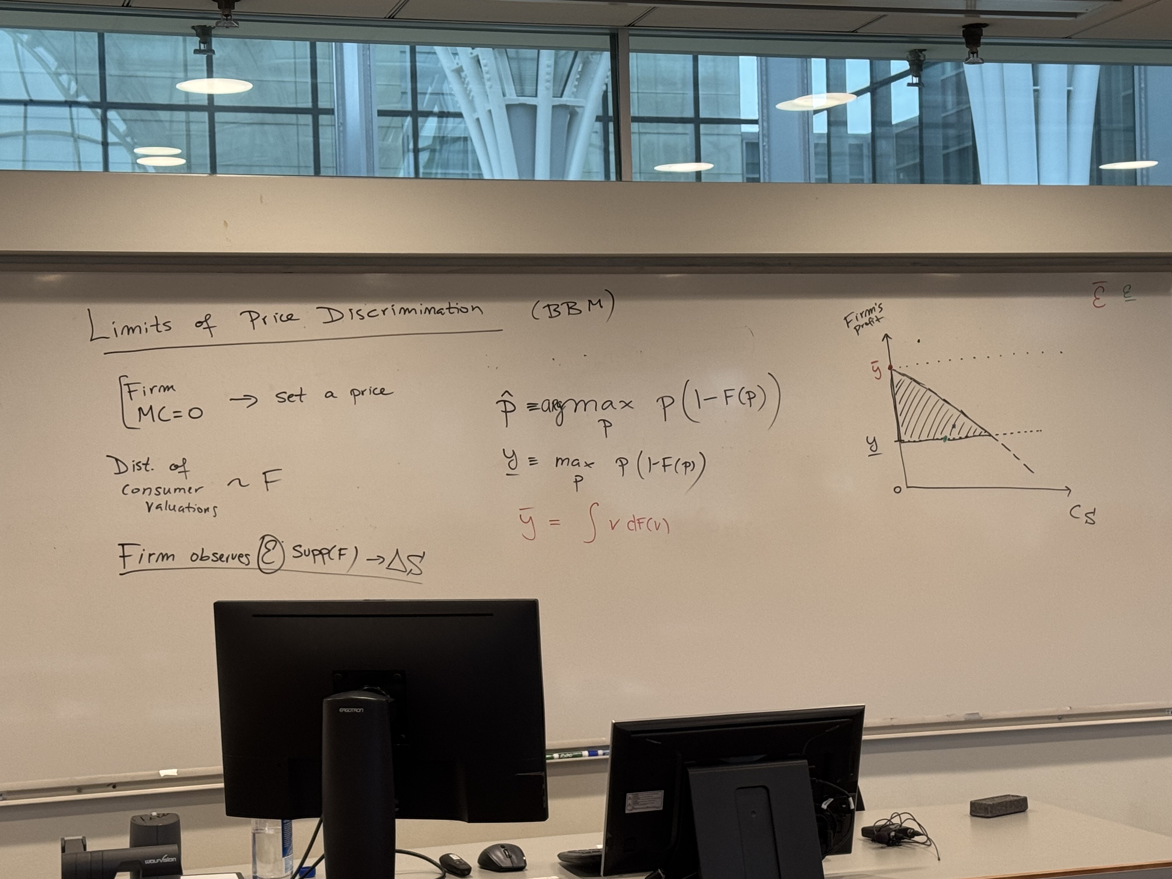 Key result (in my pov) is the triangle bound of consumer vs. firm surplus. Every point in the triangle is a possible outcome under some experiment.