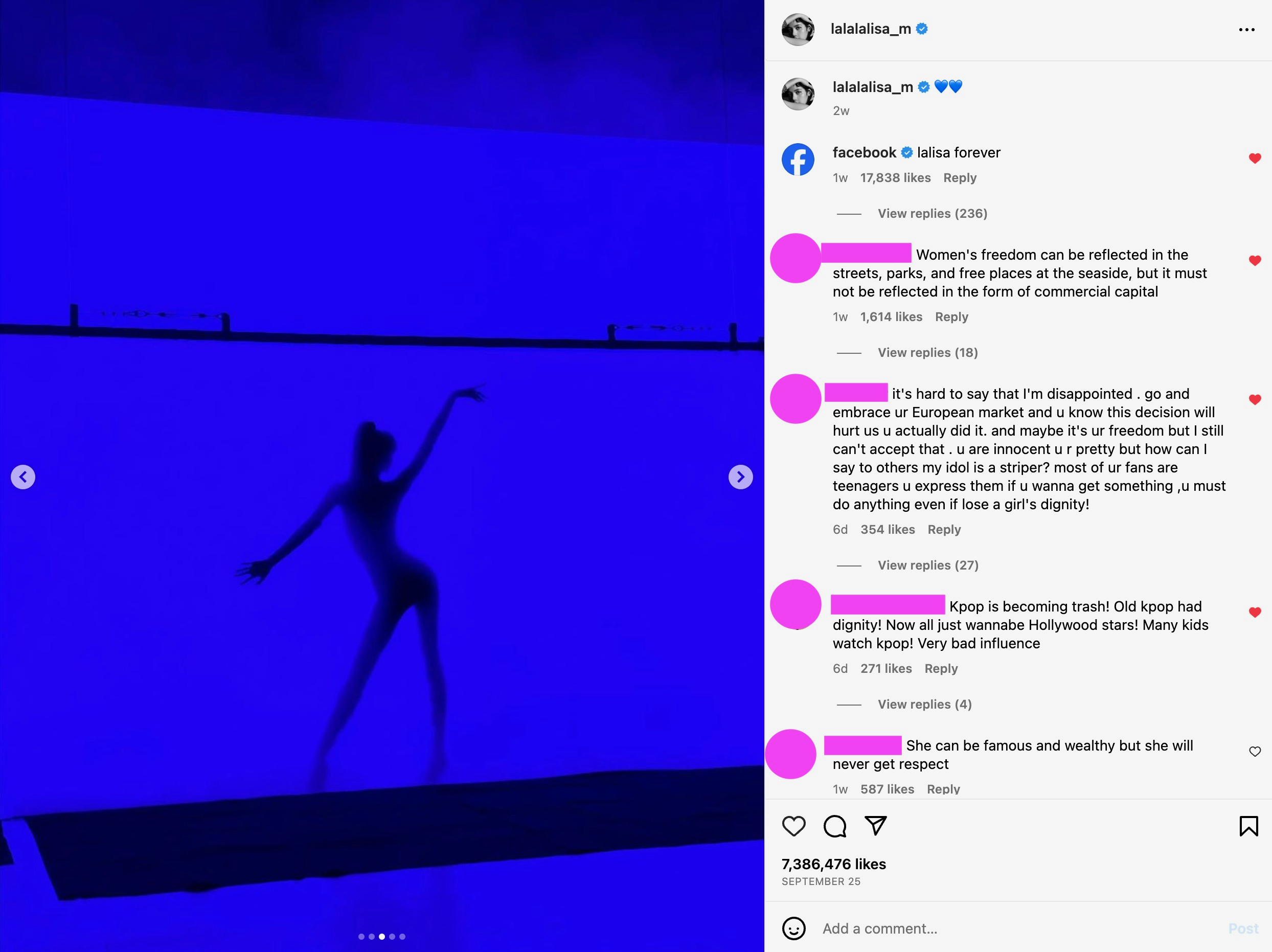 comments under Lisa's Ins post. they&rsquo;re polarized. but i like her anyway. wish someday we&rsquo;ll be able to see the video of that dance. seriously, i wanna see how good she did that &lsquo;stock market&rsquo; one.