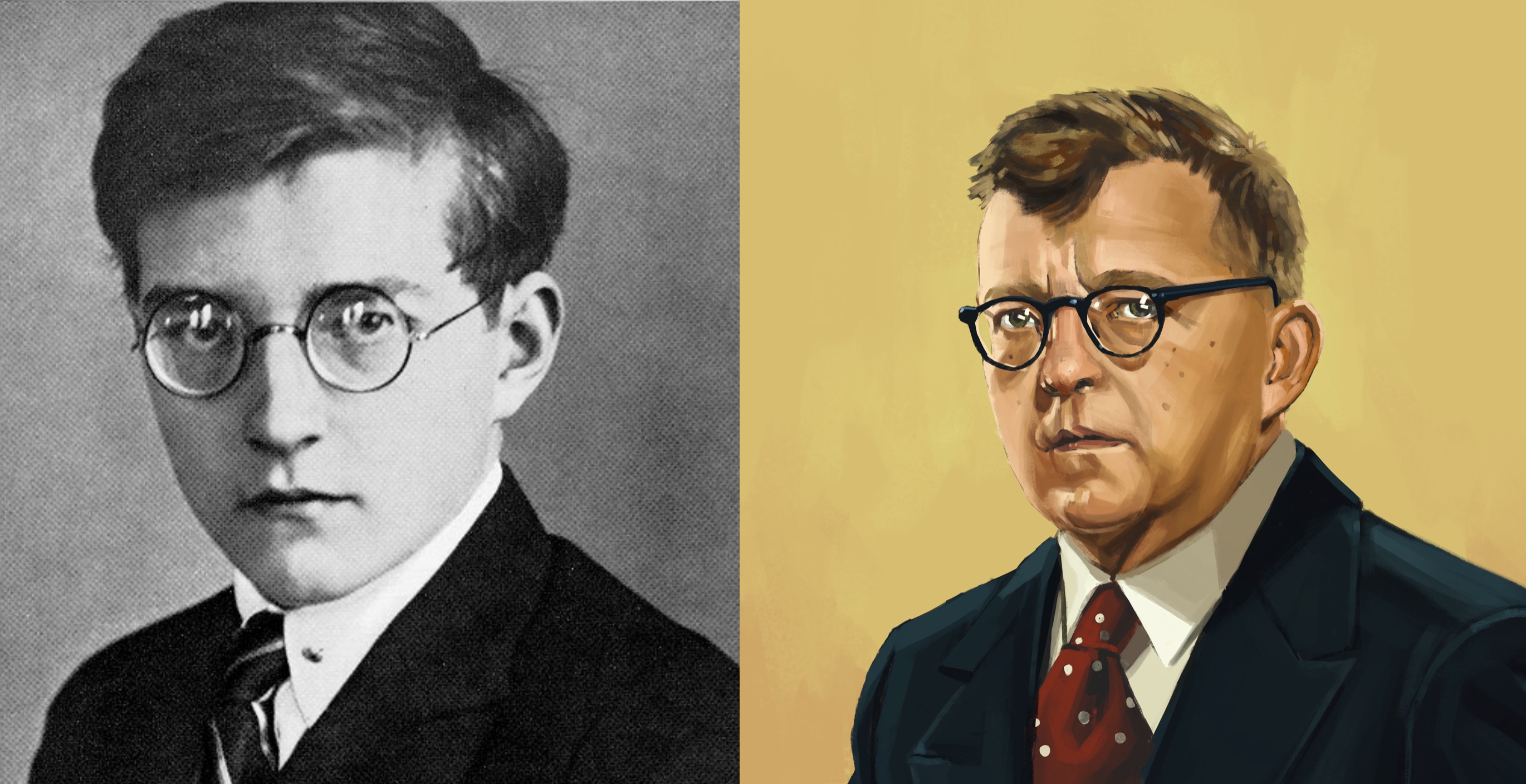 [Dmitri Shostakovich]: Spotify composer profile (left) and Apple Music Classical composer art (right). i think everybody EXCEPT for Dmitri himself would, prefer, Apple&rsquo;s version.