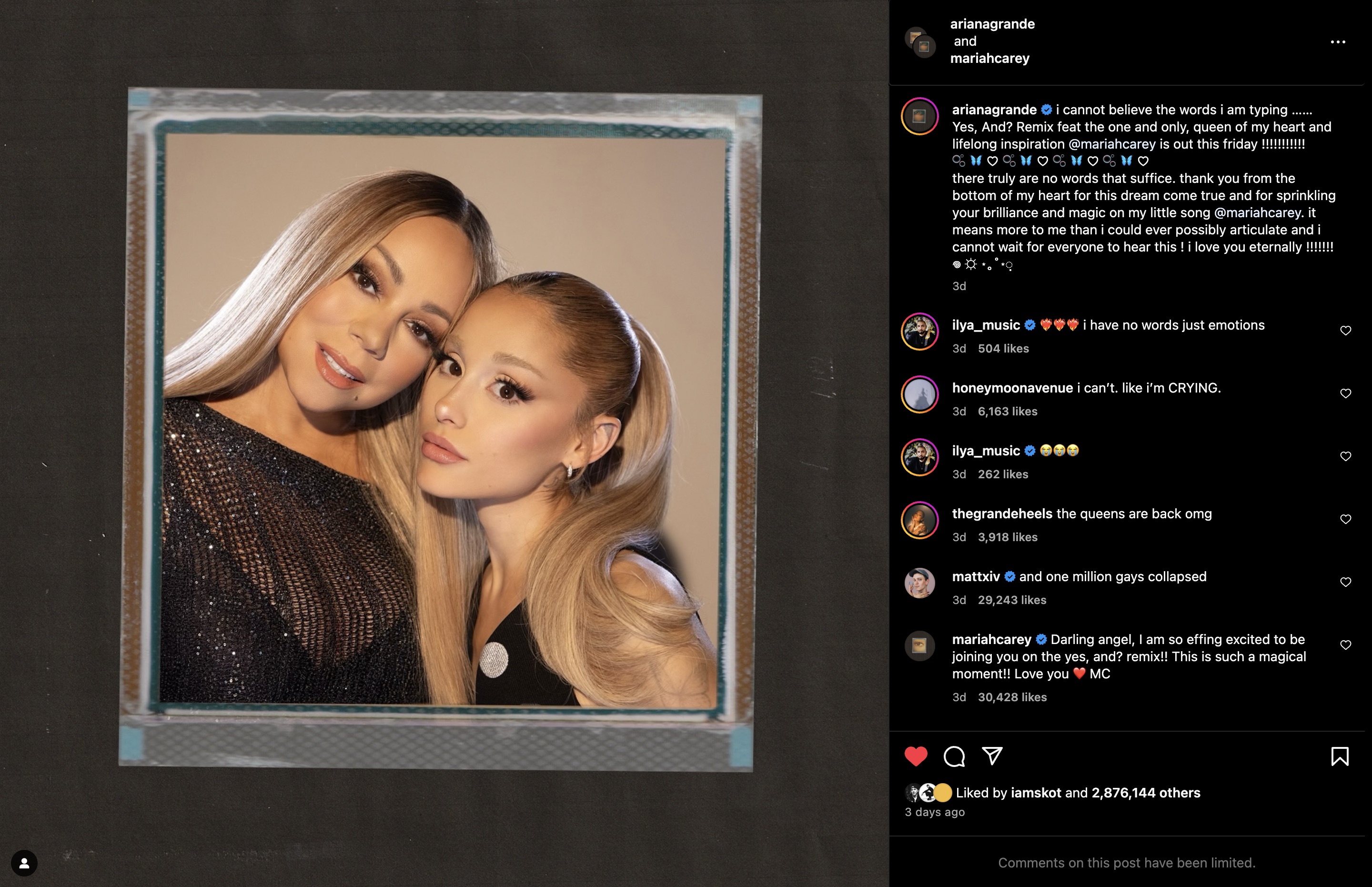 Ariana Grande&rsquo;s iconic, abusive use of all-lowercase writings in her social media posts, do do her fans. Mariah Carey though (see her reply in the lower left corner), still uses the gramatically correct way of typing, even on Instagram.