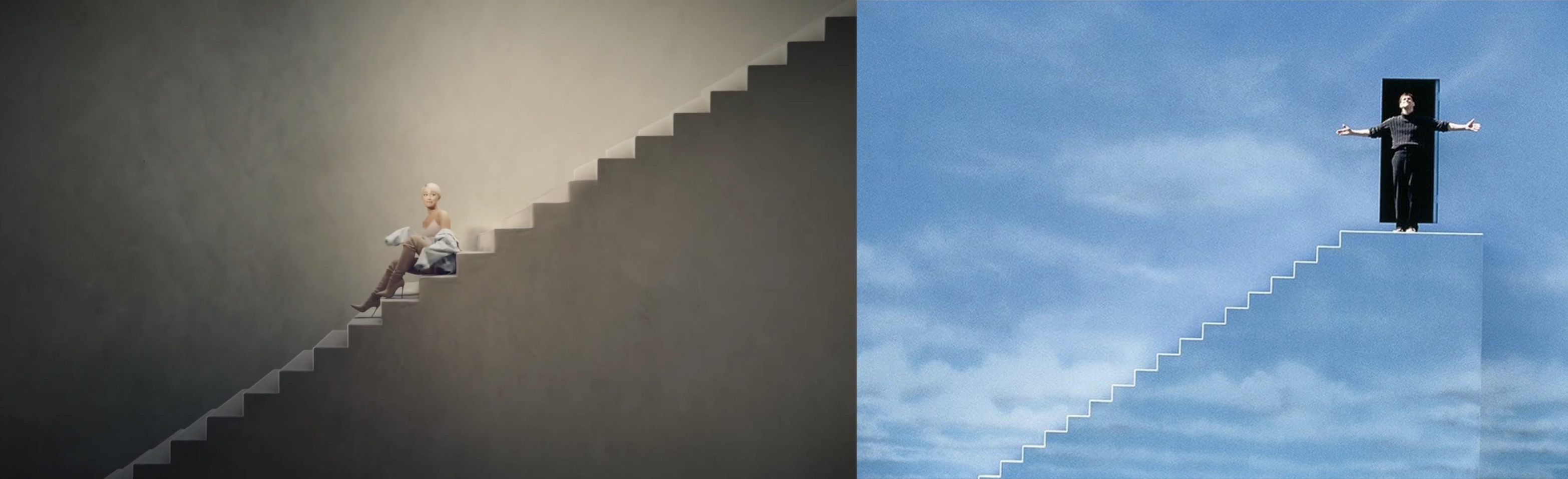 Sweetener aesthetic (left) vs. The Truman Show (right). btw, the reference of staircases, as Ariana Grande said, was also inspired by Monument Valley.